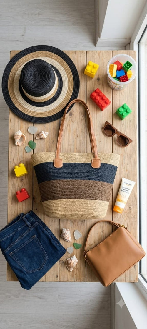 Sac de Plage en Paille Rayé avec Chapeau Assorti – Grand Cabas d'Été