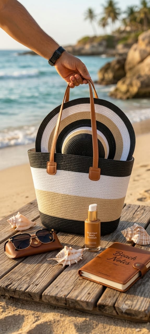 Sac de Plage en Paille Rayé avec Chapeau Assorti – Grand Cabas d'Été