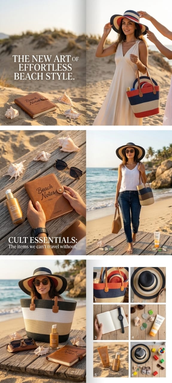 Sac de Plage en Paille Rayé avec Chapeau Assorti – Grand Cabas d'Été