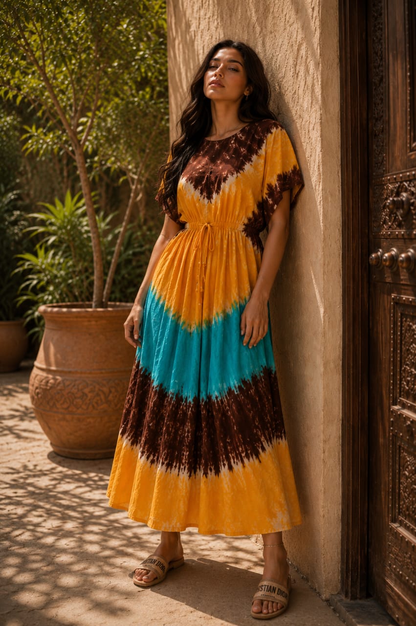 Robe longue Tie & Dye femme – Robe bohème fluide à taille ajustable