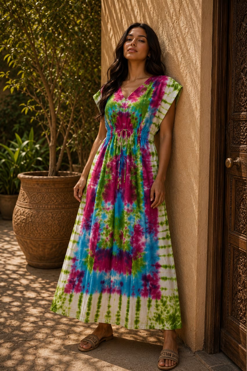 Robe longue Tie & Dye femme – Robe bohème fluide à taille ajustable