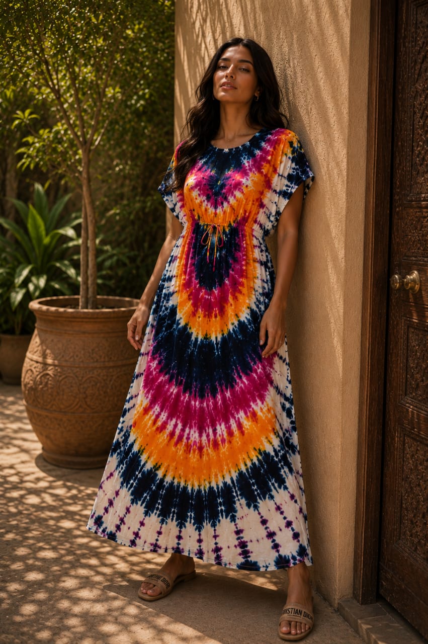 Robe longue Tie & Dye femme – Robe bohème fluide à taille ajustable