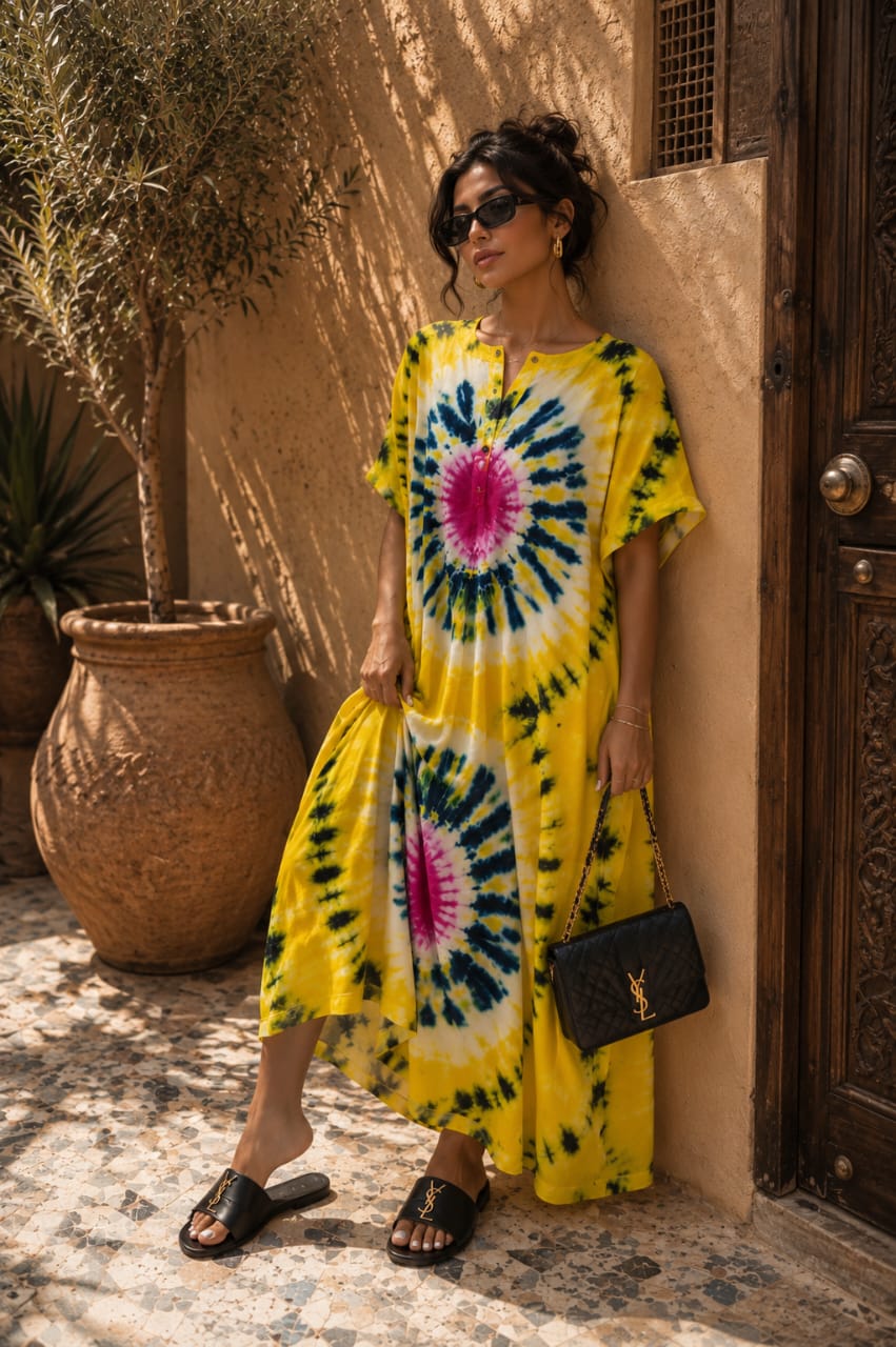 Robe longue Tie & Dye – Caftan fluide femme style bohème