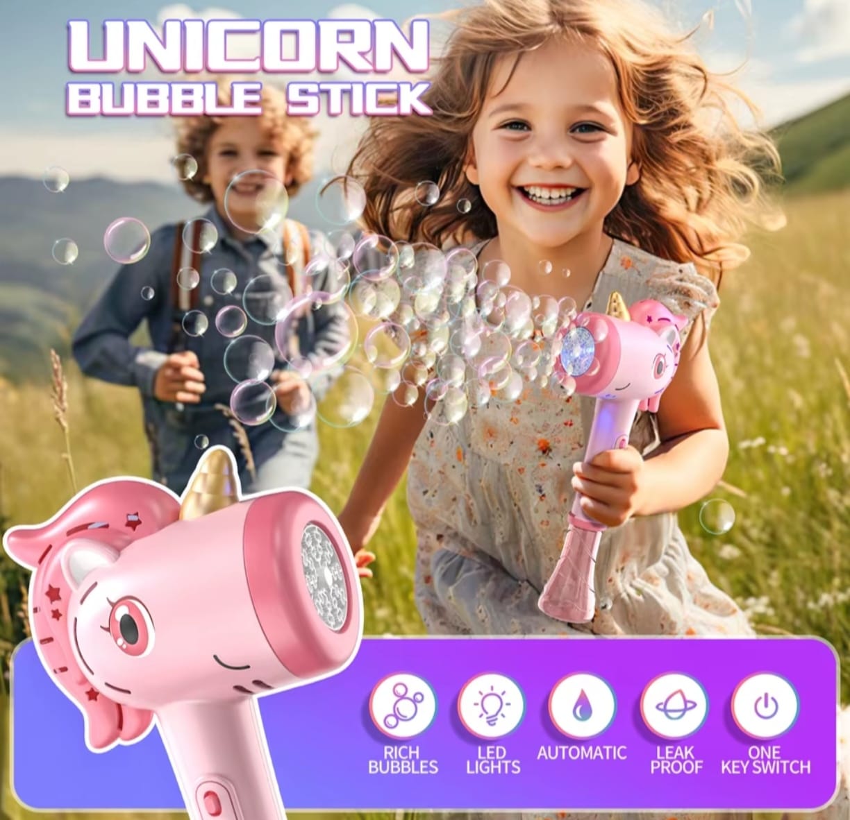 Pistolet à Bulles Licorne LED – Machine à Bulles Automatique pour Enfants