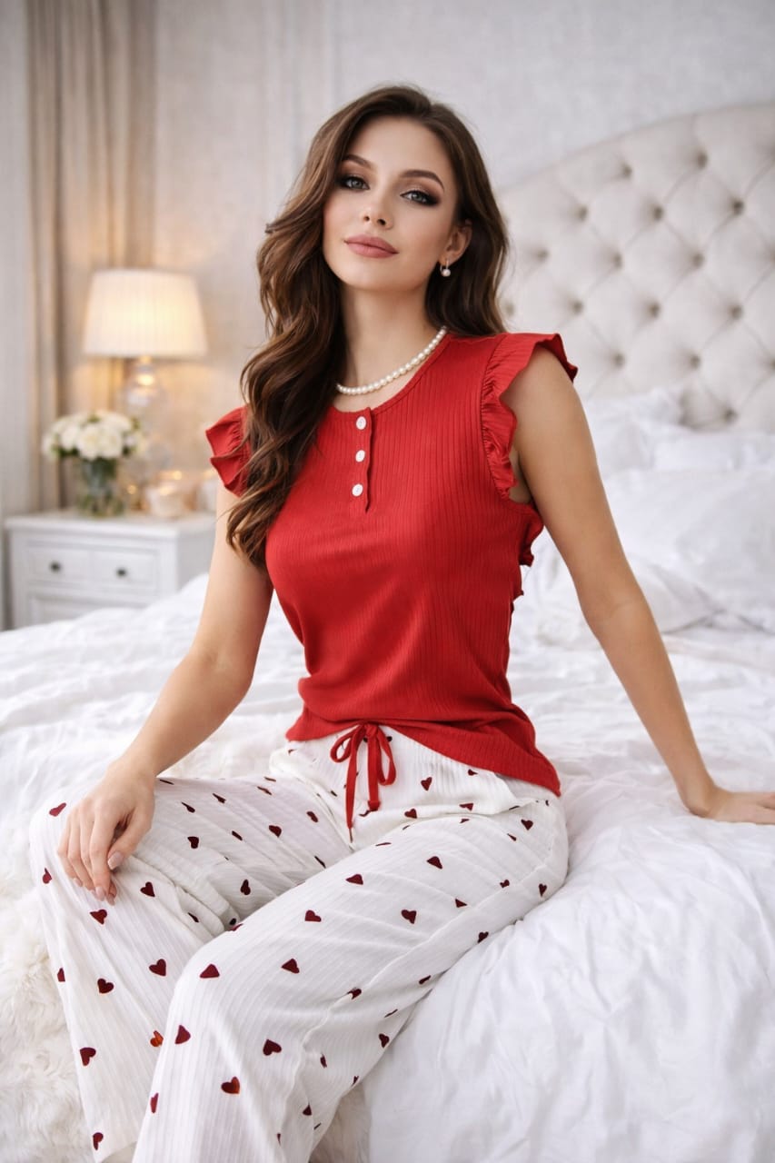 Pyjama femme en coton – Ensemble débardeur volanté et pantalon imprimé cœurs