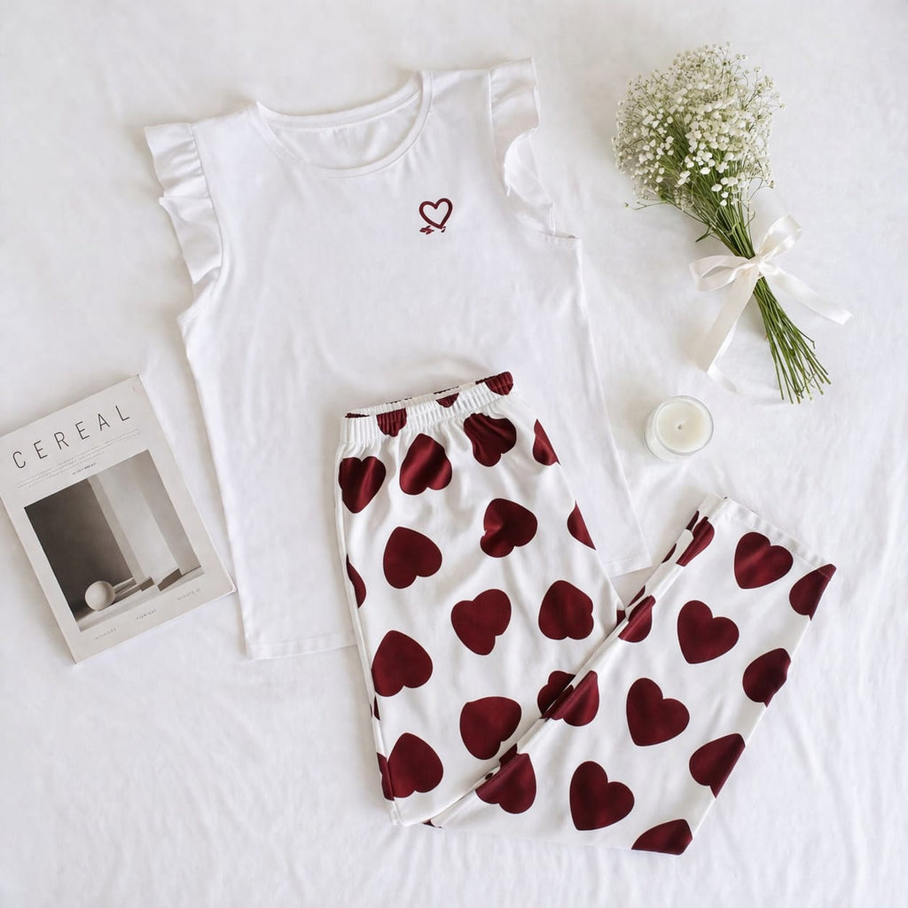 Pyjama femme en coton – Ensemble volanté et pantalon imprimé cœurs