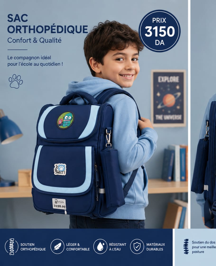 Sac à Dos Scolaire Orthopédique Enfant – Grand Format avec Trousse Assortie