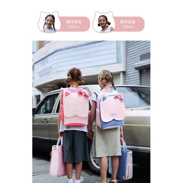 Sac à Dos Scolaire Orthopédique Chat – Rose & Bleu avec Nœud