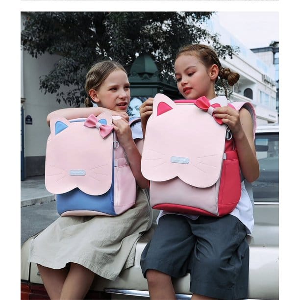 Sac à Dos Scolaire Orthopédique Chat – Rose & Bleu avec Nœud