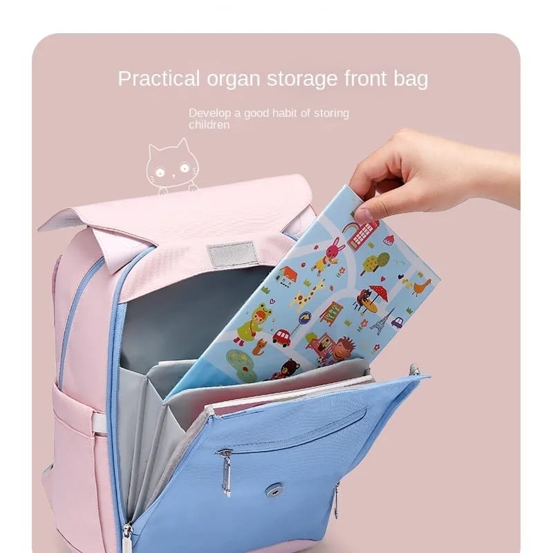 Sac à Dos Scolaire Orthopédique Chat – Rose & Bleu avec Nœud