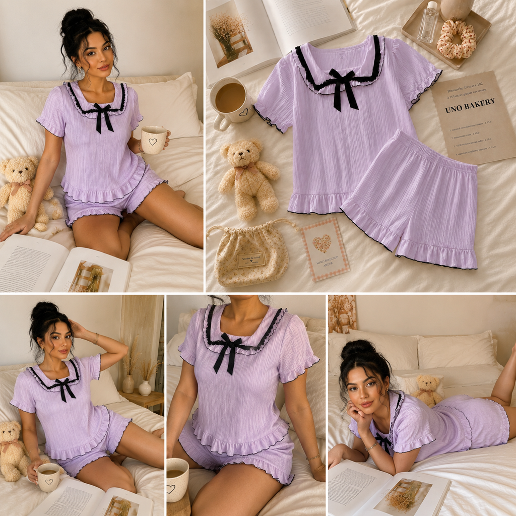 Pyjama Femme Rose 2 Pièces – Ensemble Short et T-shirt à Volants avec Nœud