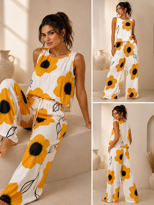 Ensemble Femme Fluide Blanc à Grandes Fleurs Fuchsia – Débardeur Sans Manches & Pantalon Large