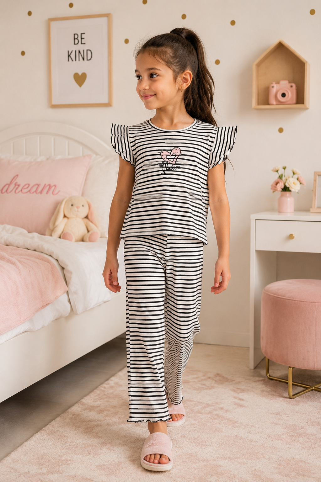 Ensemble Fille Côtelé – T-shirt à Volants & Pantalon Évasé