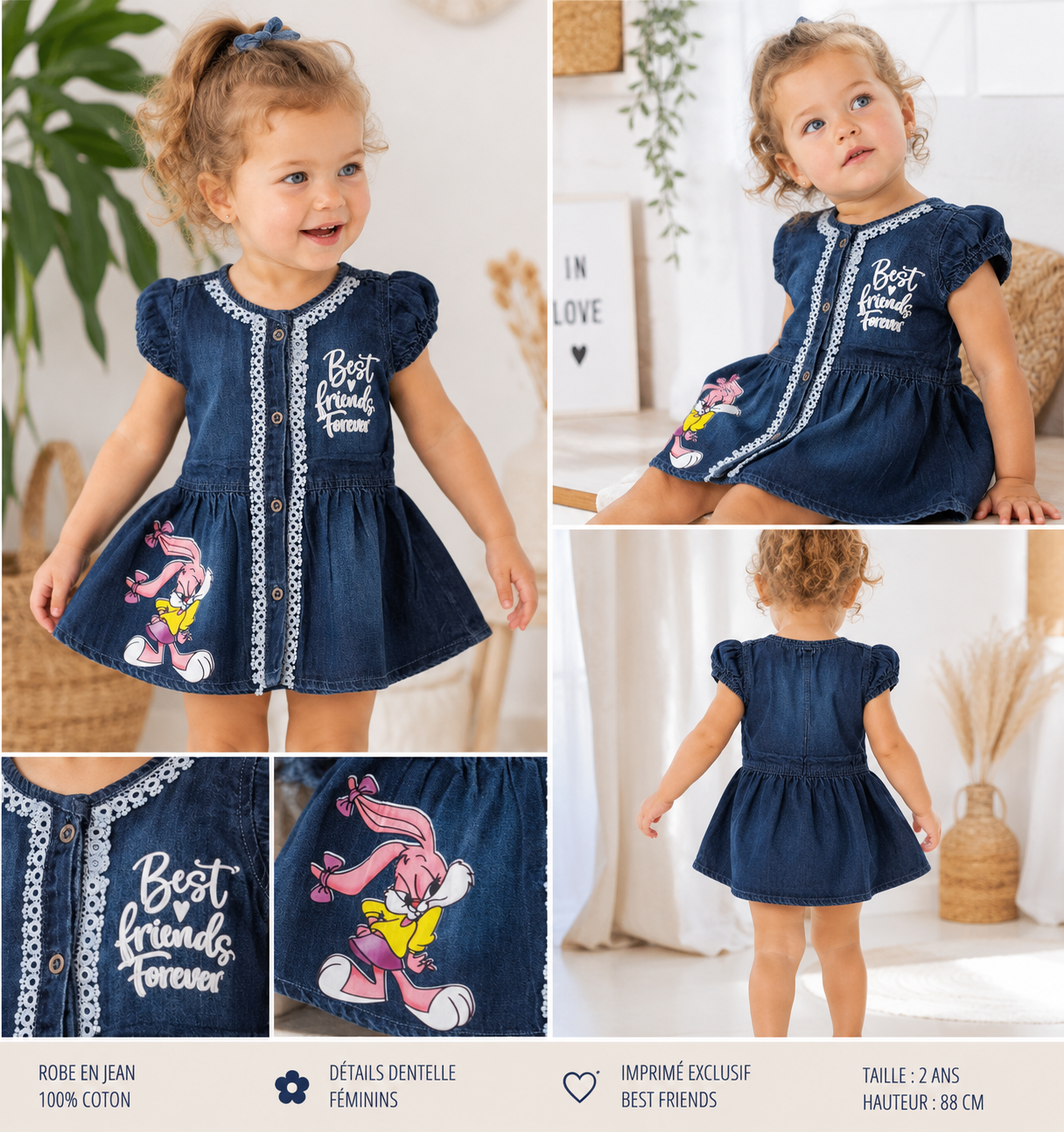 Robe en Jean Fille avec Motif Lapin – Robe en Denim à Manches Courtes