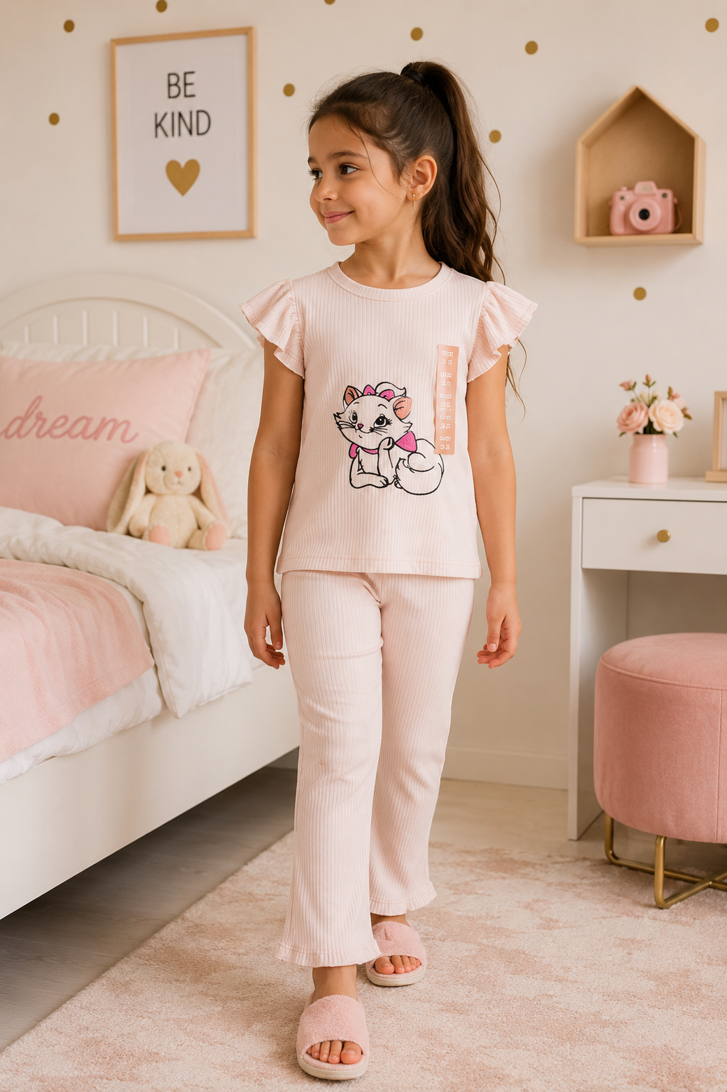 Ensemble Fille Côtelé – T-shirt à Volants & Pantalon Évasé