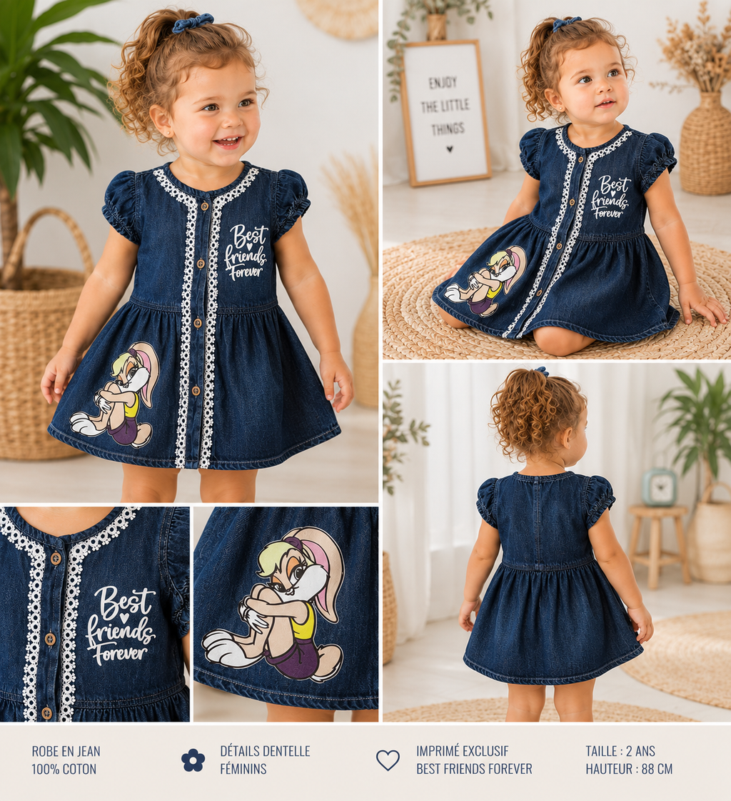 Robe en Jean Fille avec Motif Lapin – Robe en Denim à Manches Courtes