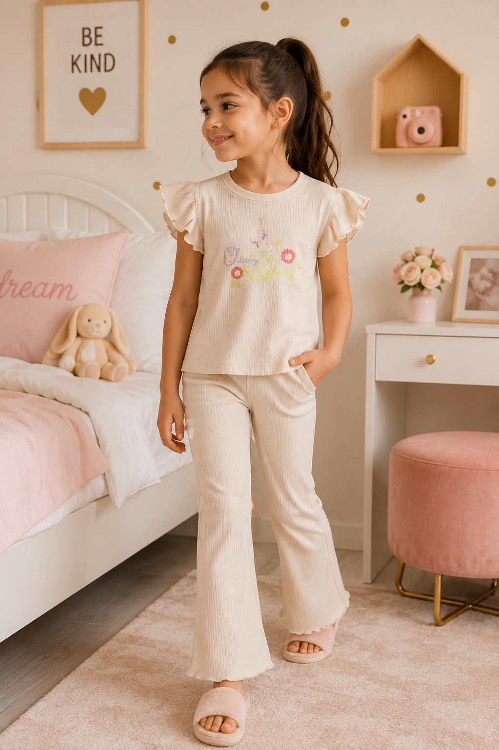 Ensemble Fille Côtelé – T-shirt à Volants & Pantalon Évasé