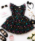 Robe Fille Noire à Imprimé Cœurs Multicolores – Robe de Princesse en Tulle