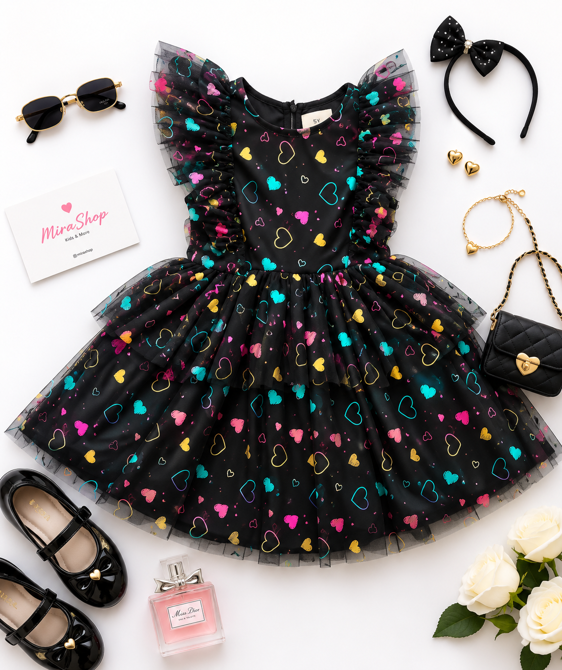 Robe Fille Noire à Imprimé Cœurs Multicolores – Robe de Princesse en Tulle