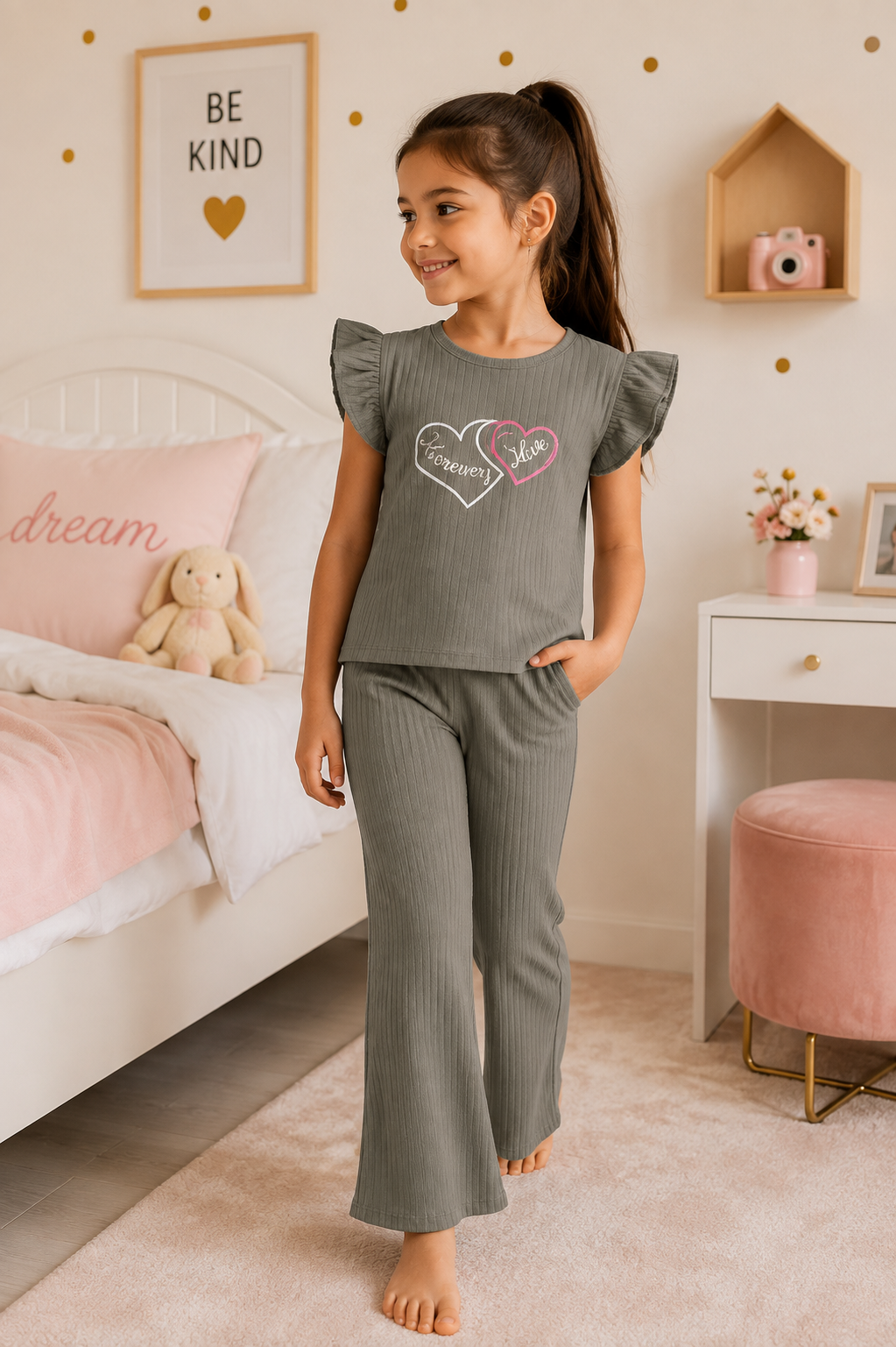 Ensemble Fille Côtelé – T-shirt à Volants & Pantalon Évasé