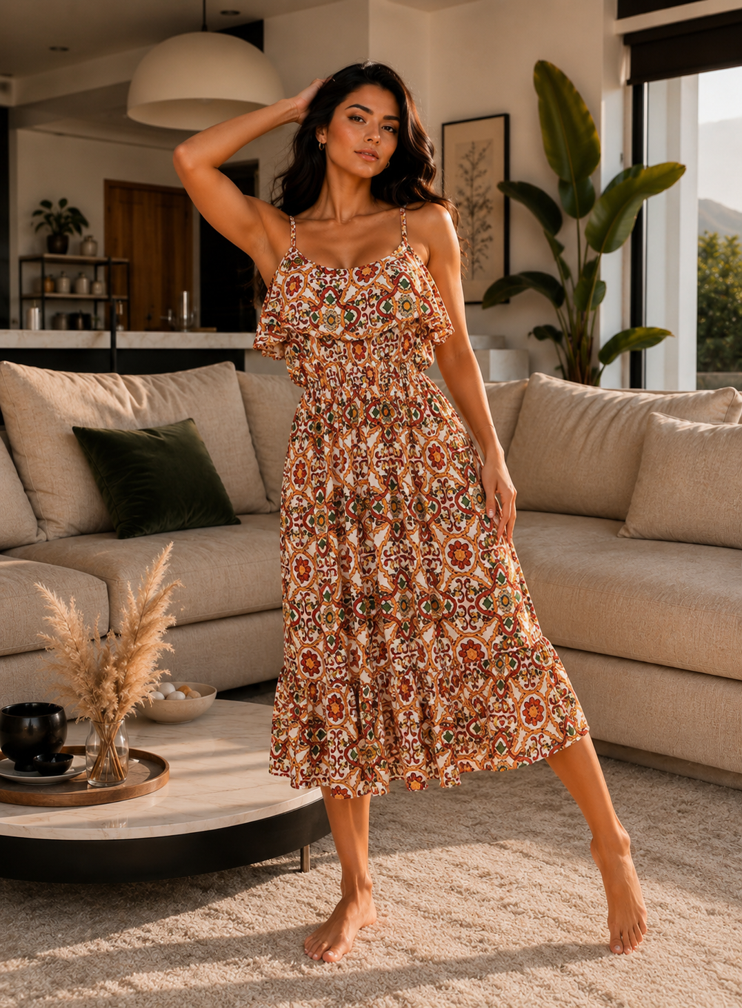 Robe Longue Bohème Femme à Imprimé Ethnique – Robe Fluide à Bretelles