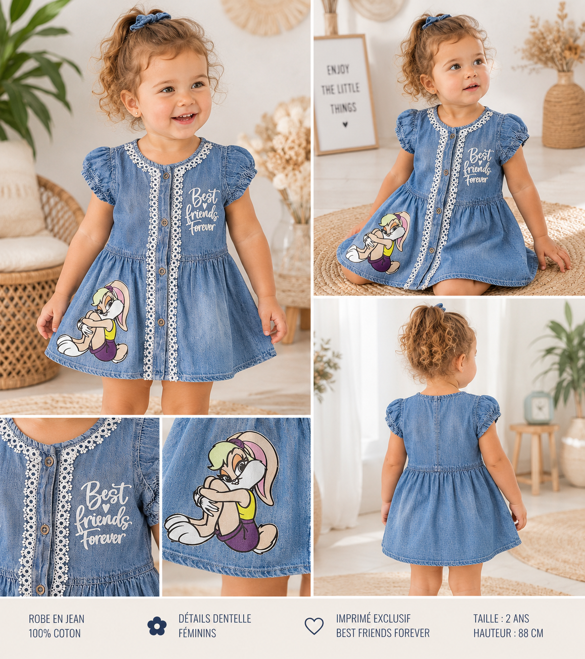 Robe en Jean Fille avec Motif Lapin – Robe en Denim à Manches Courtes