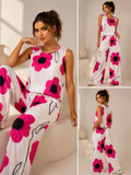 Ensemble Femme Fluide Blanc à Grandes Fleurs Fuchsia – Débardeur Sans Manches & Pantalon Large